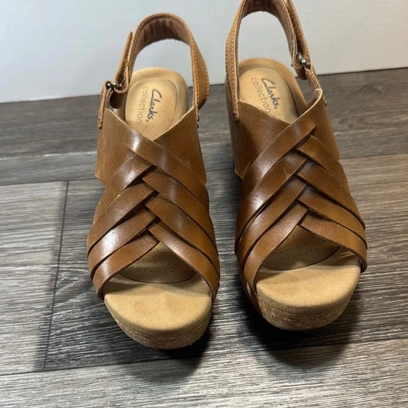 Clarks Brown Leather Wedge Sandals woman’s 9 (b142) - Picture 4 of 8